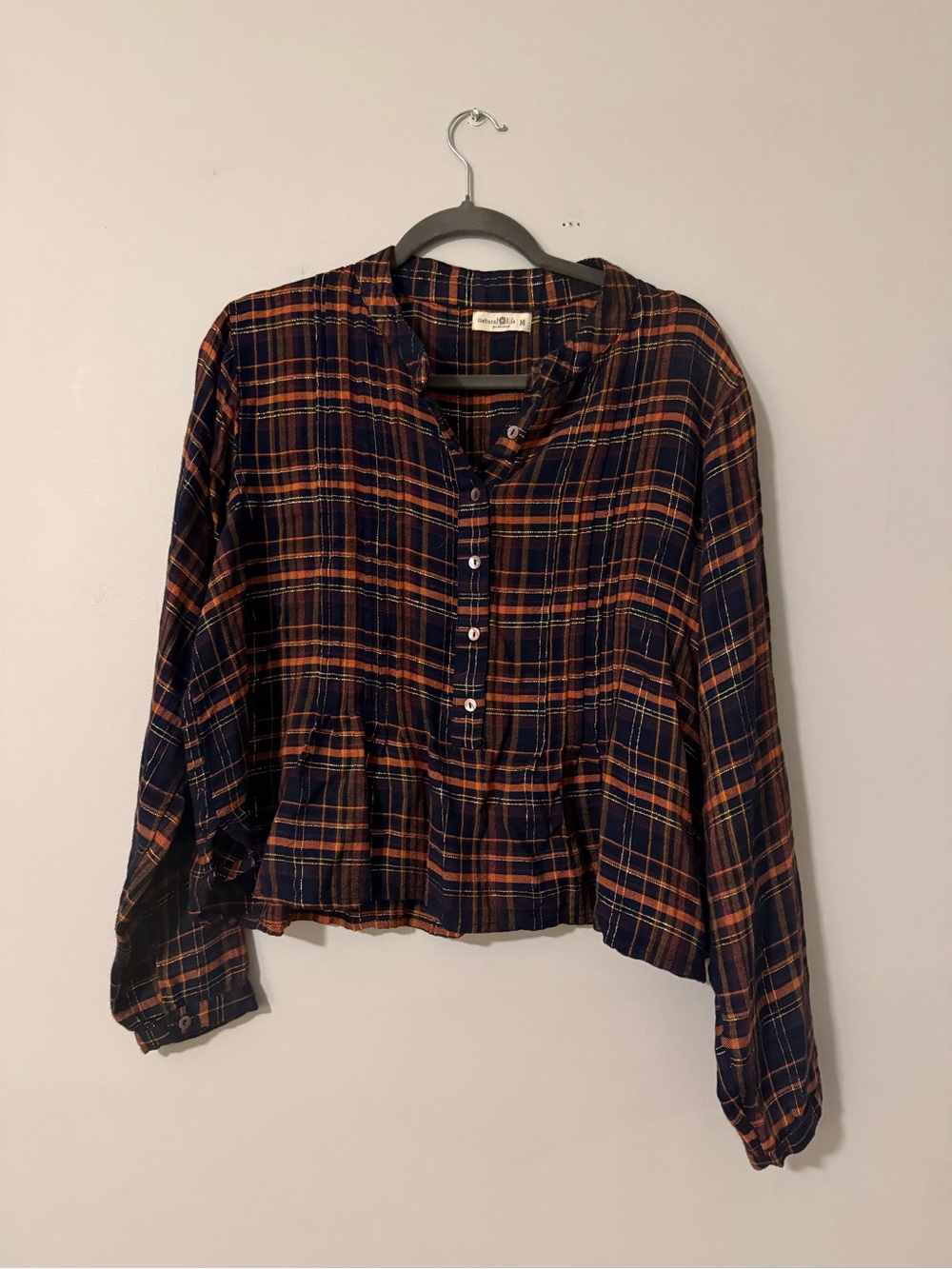 NATURAL LIFE Navy and Orange Plaid Button-Front Peasant Shirt Medium